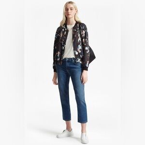 French Connection Abstract Floral Drape Bomber Jacket in Painterly Print, Size 4